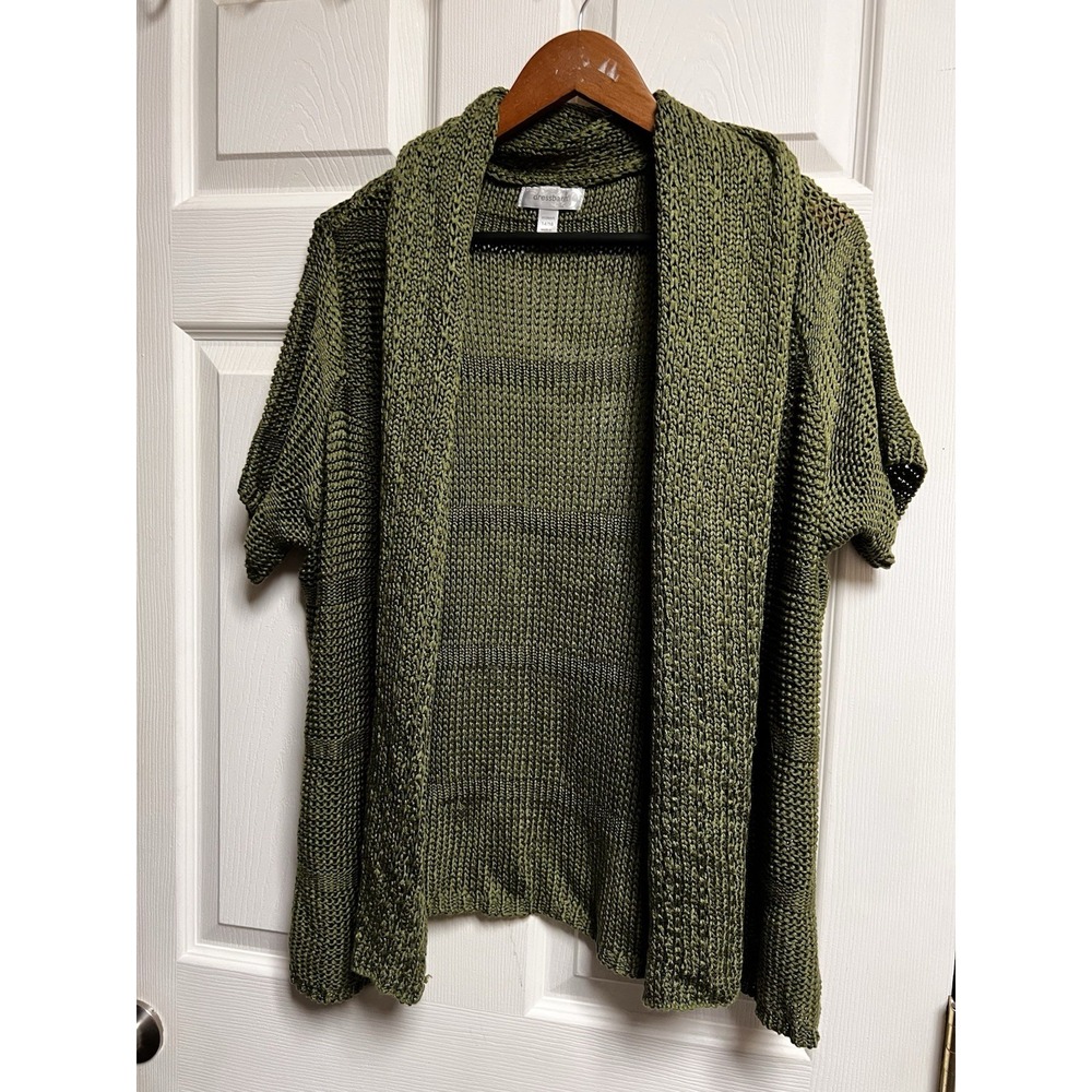 Dressbarn Women Knit Cardigan Olive Green‎ Short Sleeve Open Front 14 16